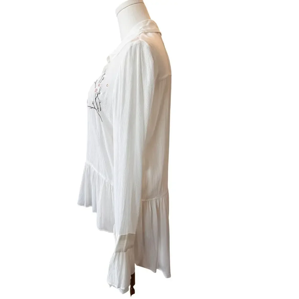 New Lauren Conrad Women's White Boho Button Down Bird Embroidered Shirt Size M